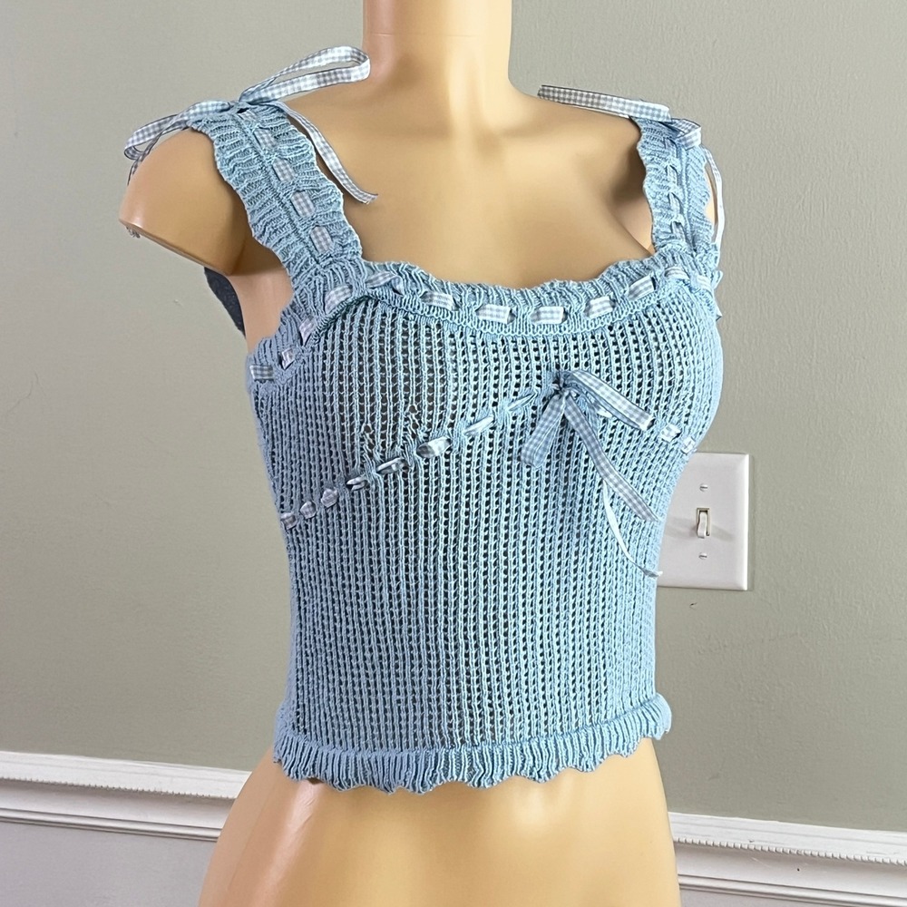 Lush Knit Tank Top Women Sz S Baby Blue Ribbon Bows Cottagecore Cropped - Picture 5 of 11